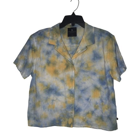 Junk Food Clothing Crop Top Women Size Small Blue Yellow Tie Dye Button-Up - Picture 1 of 5